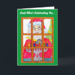 Carte père Noël Lighting Menorah<br><div class="desc">Cette carte est ornée d'une jolie photo géante de Père Noël illuminant les bougies de la menorah.</div>