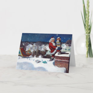 Carte Père Noël livrant une cargaison de livres de N.C.