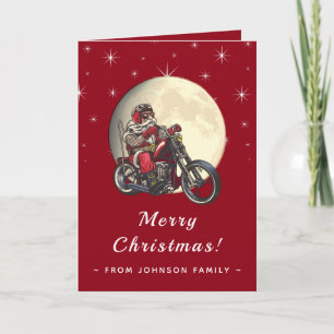 Carte Père Noël motard cool moto rouge scintillant & lun