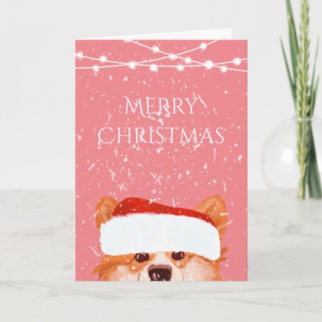 Carte Père Noël Orange Corgi Joyeux Noël rose (Devant)