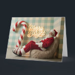 Carte Père Noël rétro se détendant dans un fauteuil en p<br><div class="desc">Une image de vacances amusante, moderne et de style rétro. Le Père Noël est représenté détendu, souriant et les pieds en l'air, assis dans un grand fauteuil bean bag en fausse fourrure. L'arrière-plan présente un grand mur rayé en gingham aqua et blanc (ou carreaux de Buffalo) et un grand bâton...</div>