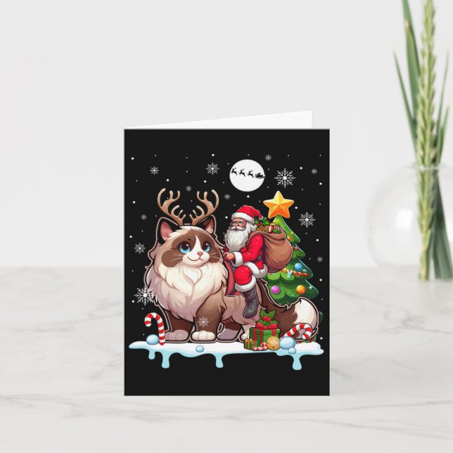 Carte Père Noël Riding Ragdoll Chat Xmas Tree Colorf (Devant)