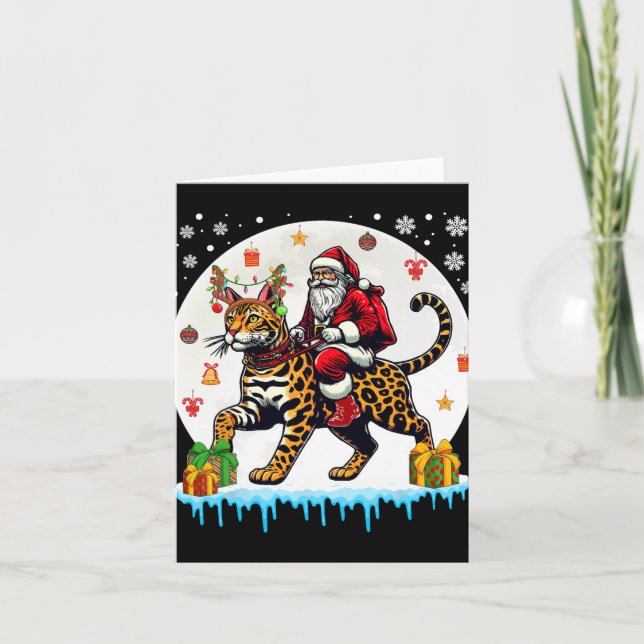 Carte Père Noël Riding Reindeer Bengale Chat Noël Propri (Devant)