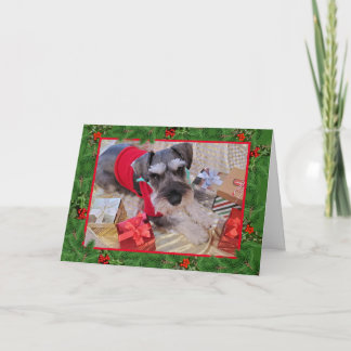 Carte Père Noël Schnauzer avec Holly Christmas Card