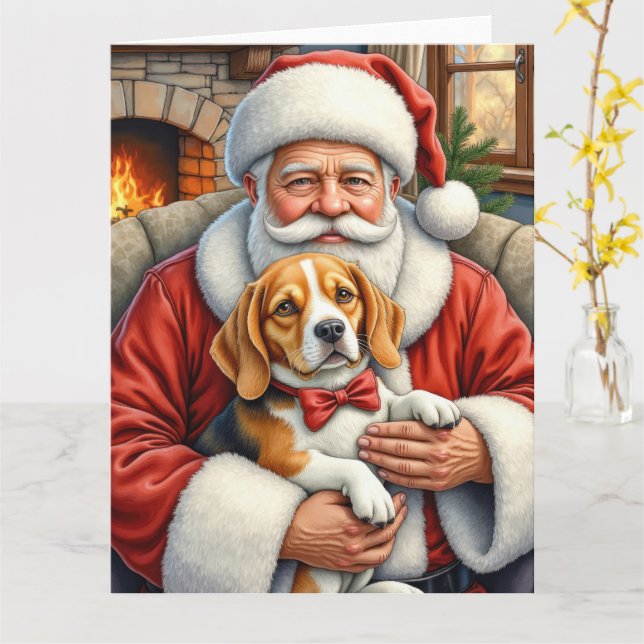 Carte Père Noël tenant l'art de Noël Beagle (Fleur jaune)