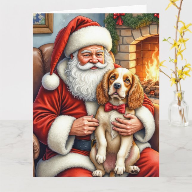 Carte Père Noël tenant l'art de Noël Cocker Spaniel (Fleur jaune)