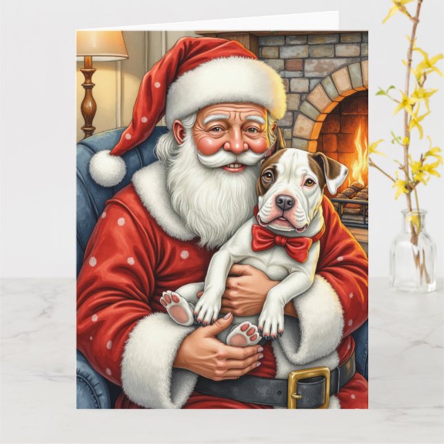 Carte Père Noël tenant l'art de Noël de Bull Terrier (Fleur jaune)