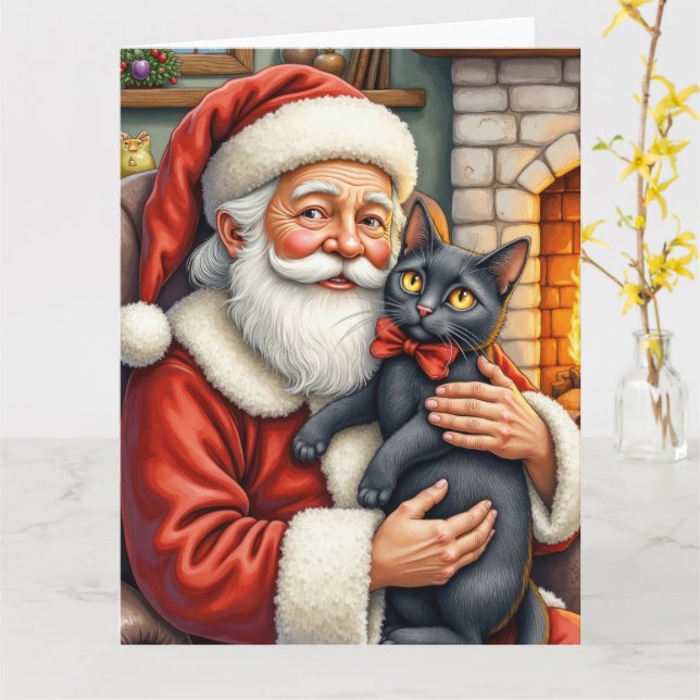 Carte Père Noël tenant l'art de Noël de chat noir (Fleur jaune)