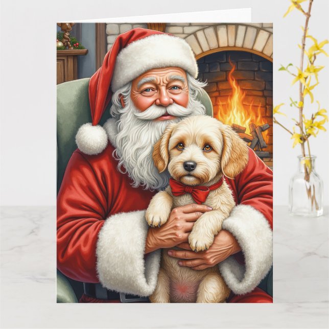Carte Père Noël tenant l'art de Noël de Cockapoo (Fleur jaune)