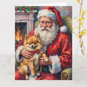 Carte Père Noël tenant l'art de Noël de Pomeranian