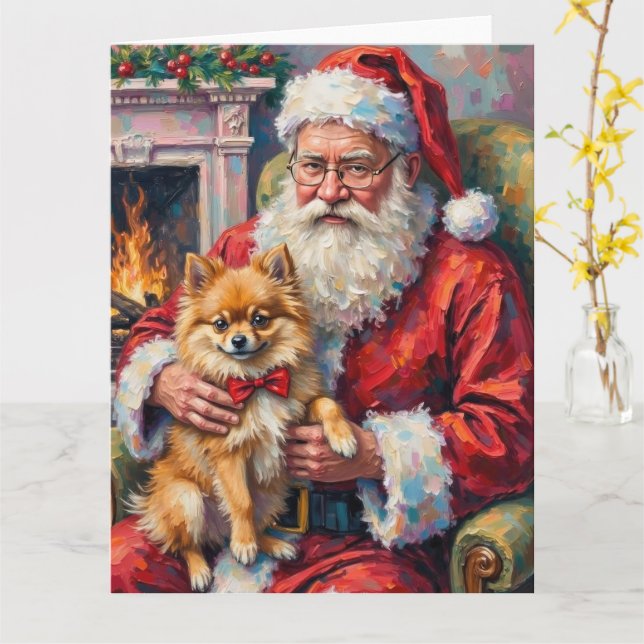 Carte Père Noël tenant l'art de Noël de Pomeranian (Fleur jaune)