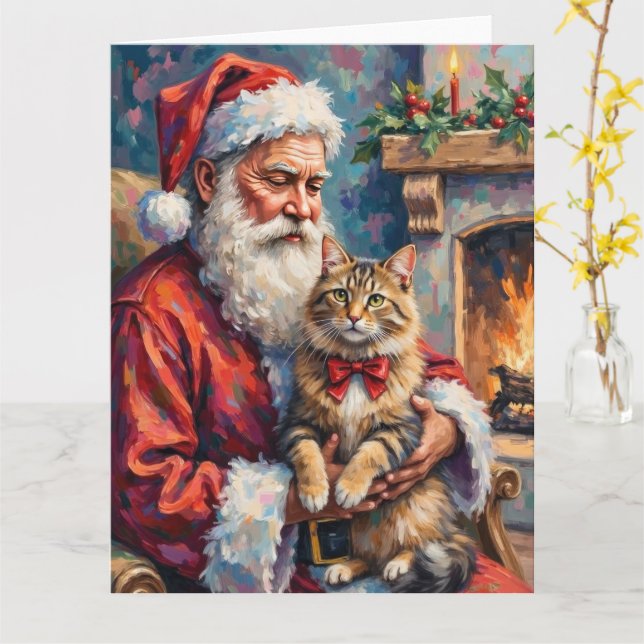 Carte Père Noël tenant l'art de Noël du chat sibérien (Fleur jaune)