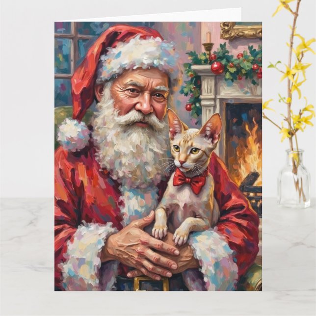 Carte Père Noël tenant l'art de Noël du chat Sphynx (Fleur jaune)