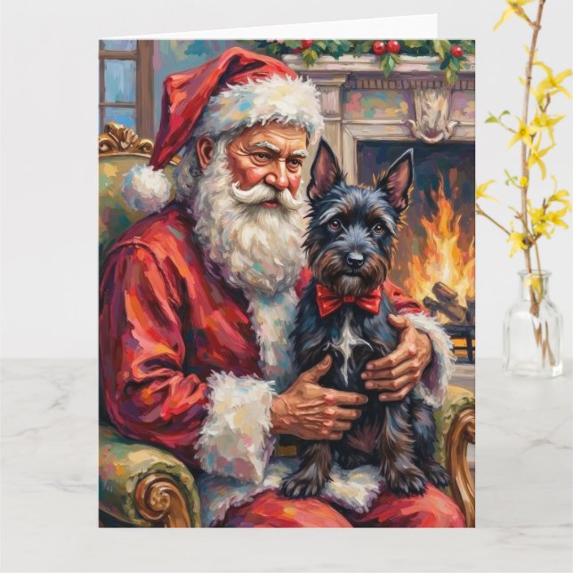 Carte Père Noël tenant l'art de Noël du Scottish Terrier (Fleur jaune)