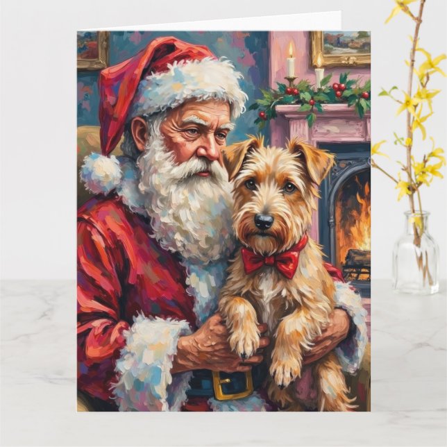 Carte Père Noël tenant l'art de Noël du Wheaten Terrier (Fleur jaune)