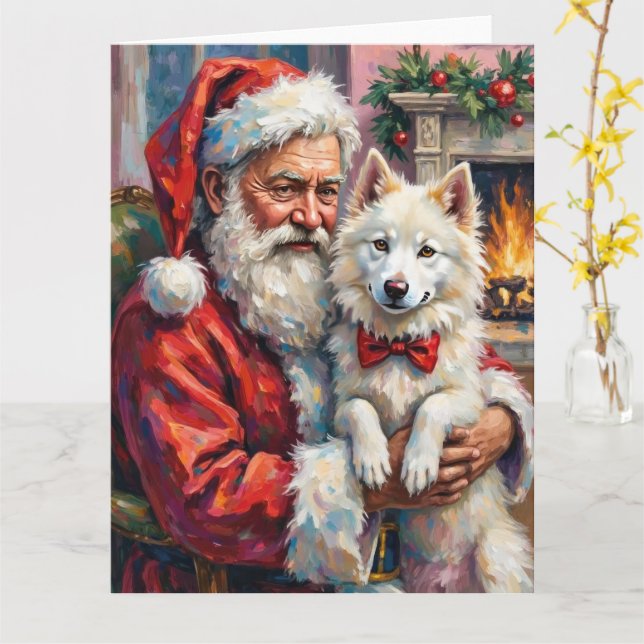 Carte Père Noël tenant l'art de Noël Samoyède (Fleur jaune)