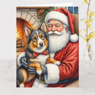 Carte Père Noël tenant un berger australien à Noël 