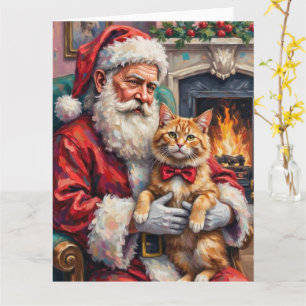 Carte Père Noël tenant un chat persan - Art de Noël