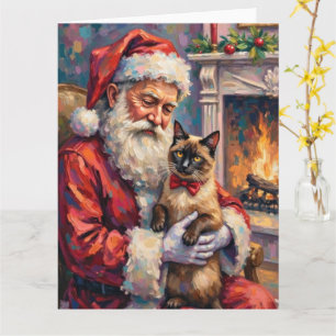 Carte Père Noël tenant un chat siamois - Art de Noël