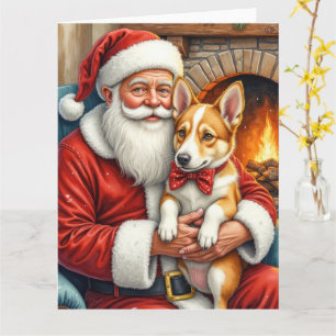 Carte Père Noël tenant un chien de berger australien pou