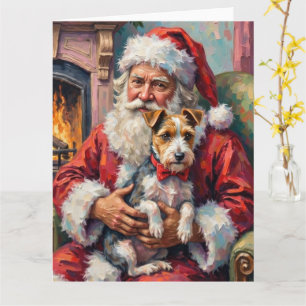 Carte Père Noël tenant un Wirefox Terrier - Art de Noël
