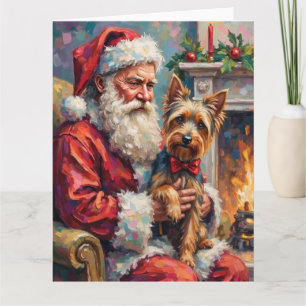 Carte Père Noël tenant un Yorkshire Terrier Noël