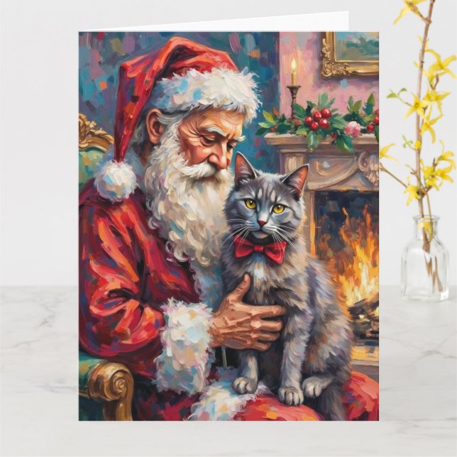 Carte Père Noël tenant une illustration de Noël de chat  (Fleur jaune)