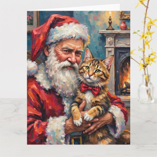 Carte Père Noël tenant une illustration de Noël de chat  (Fleur jaune)