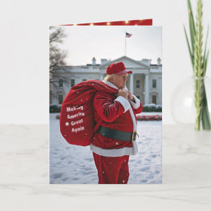 Carte Père Noël Trump avec sac de cadeaux rouge