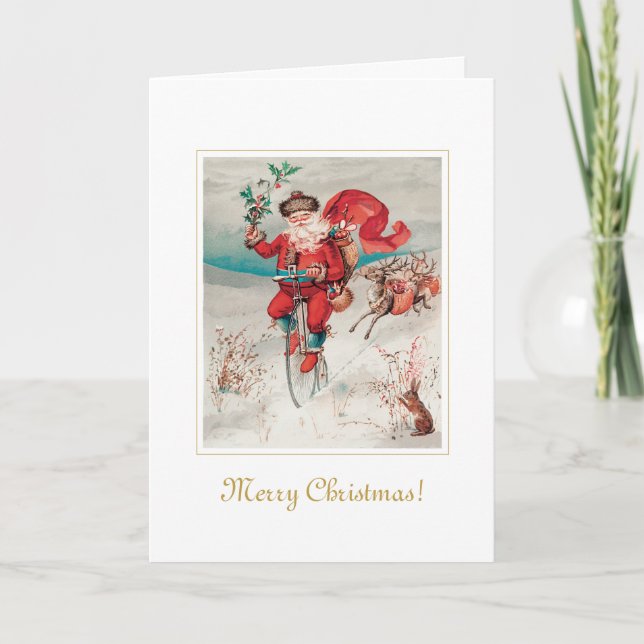 Carte Père Noël Unique à Bicyclette Art de Noël (Devant)