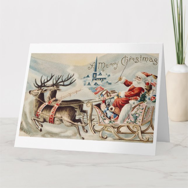 Carte Père Noël vintage Sleigh Reindeer (Devant)