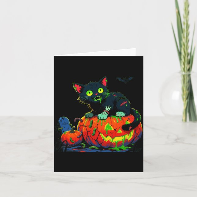 Carte Performance Chat Noir Citrouille Halloween pour Ho (Devant)