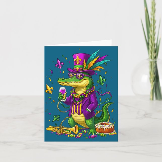 Carte Perles de Mardi Gras drôle d'alligator Bouffon (Devant)
