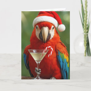 Carte Perroquet de Noël tenant un cocktail