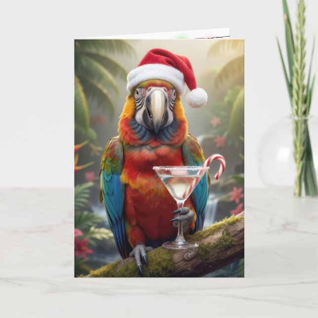 Carte Perroquet de Noël tenant un cocktail Martini (Devant)