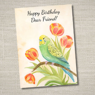 Carte Perroquet Joyeux Anniversaire avec Tulipes
