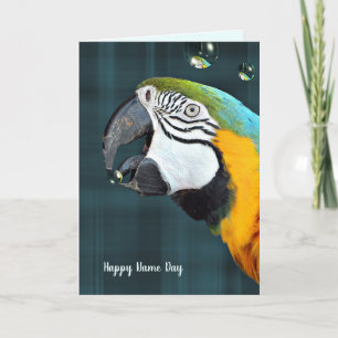 Carte Perroquet macaw avec bulles Nom Jour sur plaid