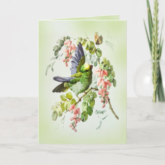Carte Perroquet Vert et Fleur d'Acacia Rose Vintage