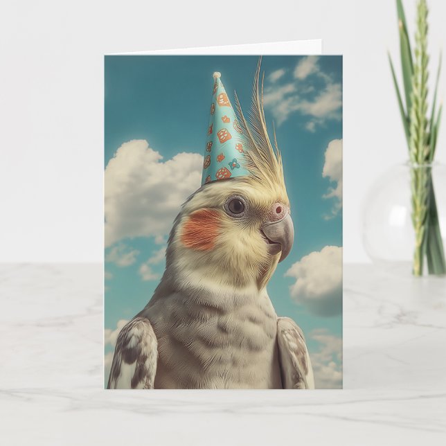 Carte Perruche calopsitte avec chapeau d'anniversaire su (Devant)