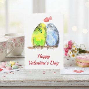 Carte  Perruches amour oiseaux Saint-Valentin aquarelle