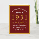 Carte Personalized 90th Birthday 1931<br><div class="desc">90th birthday red and gold birthday card for those special people born en 1931. Easily customize the text to the front and the interior of this birthday card g the template provided. Part of the setting standards range of greeting cards.</div>