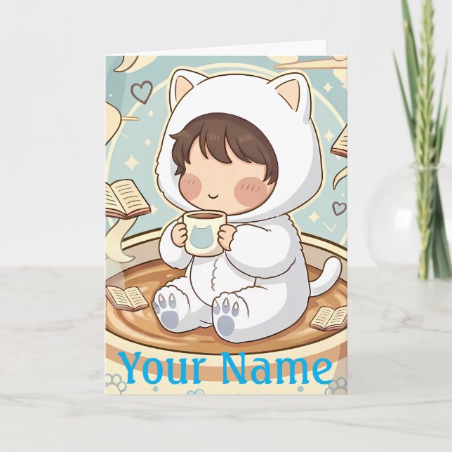 Carte Personalized Cat Greeting Card for Book Lovers (Devant)