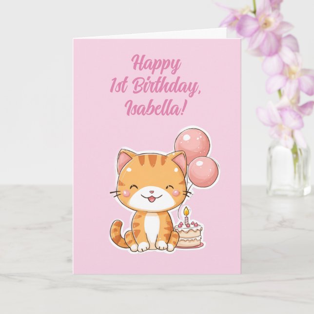 Carte Personalized Happy 1st Birthday Girl, Cute Kitten (Orchidée)