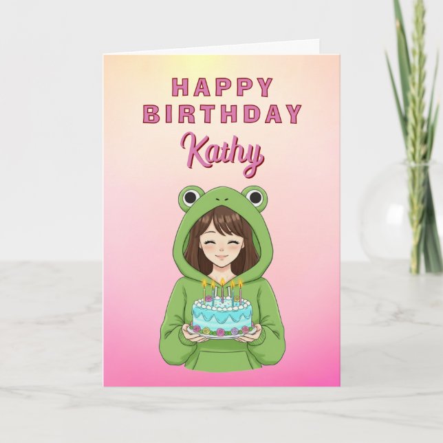 Carte Personalized Kawaii Frog Hoodie Girl Birthday (Devant)