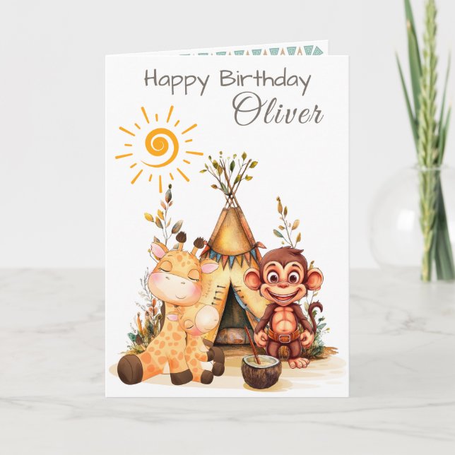 Carte Personalized Kids Birthday Card with Cute Animals (Devant)