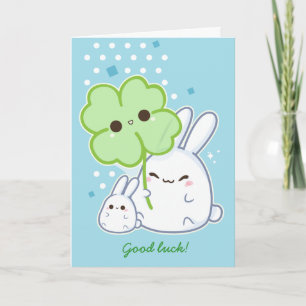 Carte Personnalisé - Joli lapin blanc avec trèfle kawaii