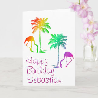Carte Personnalisé Joyeux anniversaire Rainbow Flamants 