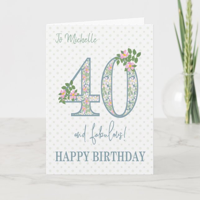 Carte Personnalisé Nom 40e anniversaire Floral et Polkas (Devant)