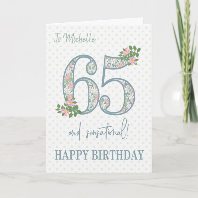 Carte Personnalisé Nom 65e anniversaire Floral et Polkas (Devant)