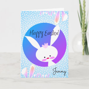 Carte Personnalisé Nom HAPPY EASTER Cute Bunny Bleu esth